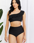 Marina West Swim Seaside Romance Ruffle One-Shoulder Bikini in Black - Online Only