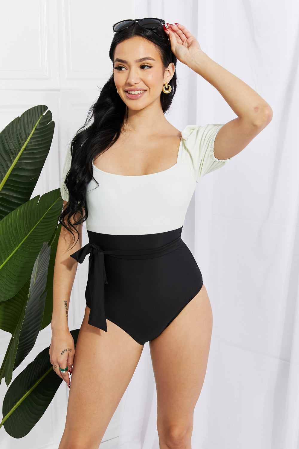 Marina West Swim Salty Air Puff Sleeve One-Piece in Cream/Black - Online Only