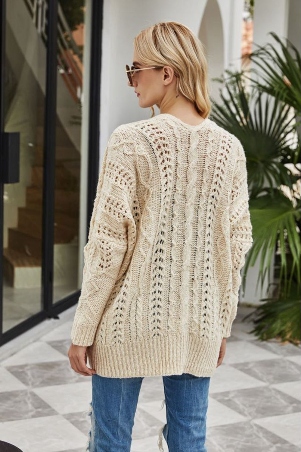 Ribbed Trim Openwork Open Front Cardigan - Online Only