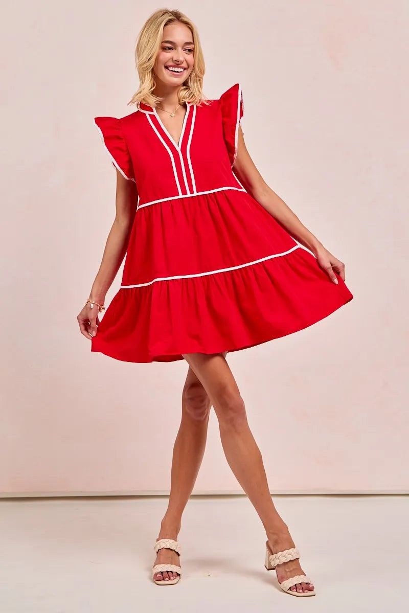 BiBi Gameday Theme Contrast Binding Ruffled Dress
