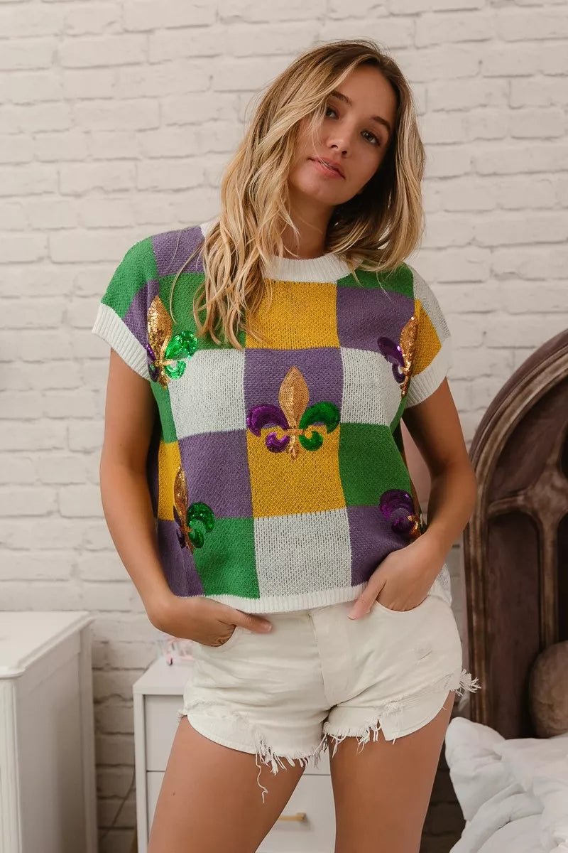 BiBi Sequin Embroidery Mardi Gras Checker Sweater Top