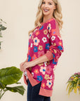 Celeste Full Size Side Slit Flower Print Long Sleeve Top