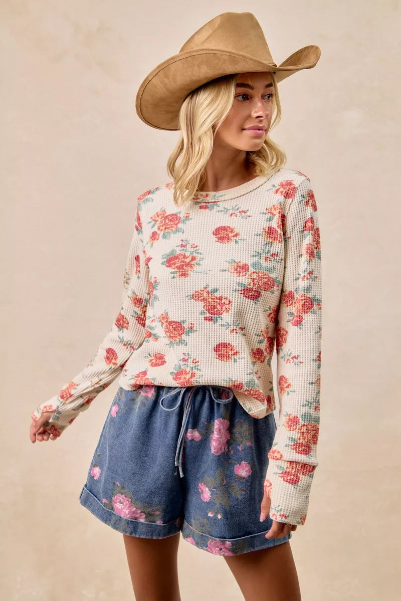 BiBi Floral Print Washed Waffle Thermal Top With Thumb