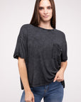 Zenana Washed Ribbed Cuffed Short Sleeve Round Neck Top