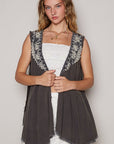 POL Embroidered Pearls Open Front Sleeveless Cardigan