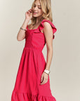 ADORA Smocked Square Neck Ruffled Cap Sleeve Dress