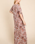 BOMBOM Printed Shirred Maxi Dress