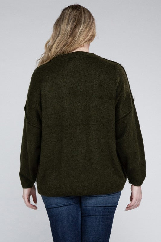 Zenana Plus Oversized Round Neck Raw Seam Melange Sweater