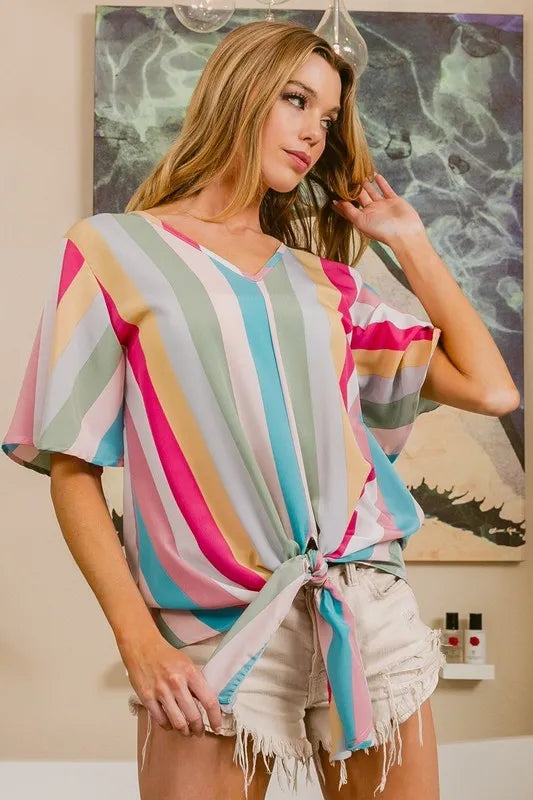 BiBi Multi Stripe Woven V Neck Top with Long Front Tie in Pink