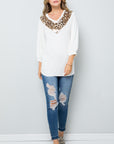 Celeste Full Size Leopard Contrast Balloon Sleeve Top