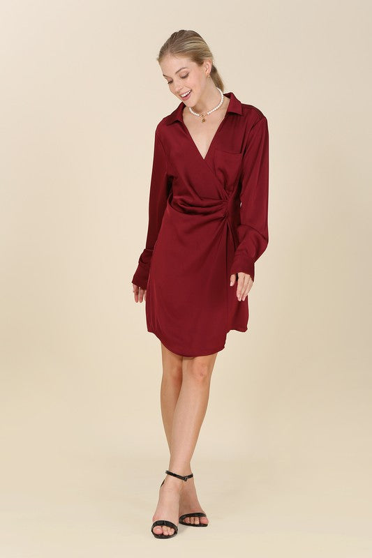 Lilou Satin Collared Wrap Mini Dress