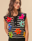 BiBi Flower Patch Striped Half Button Sweater Vest