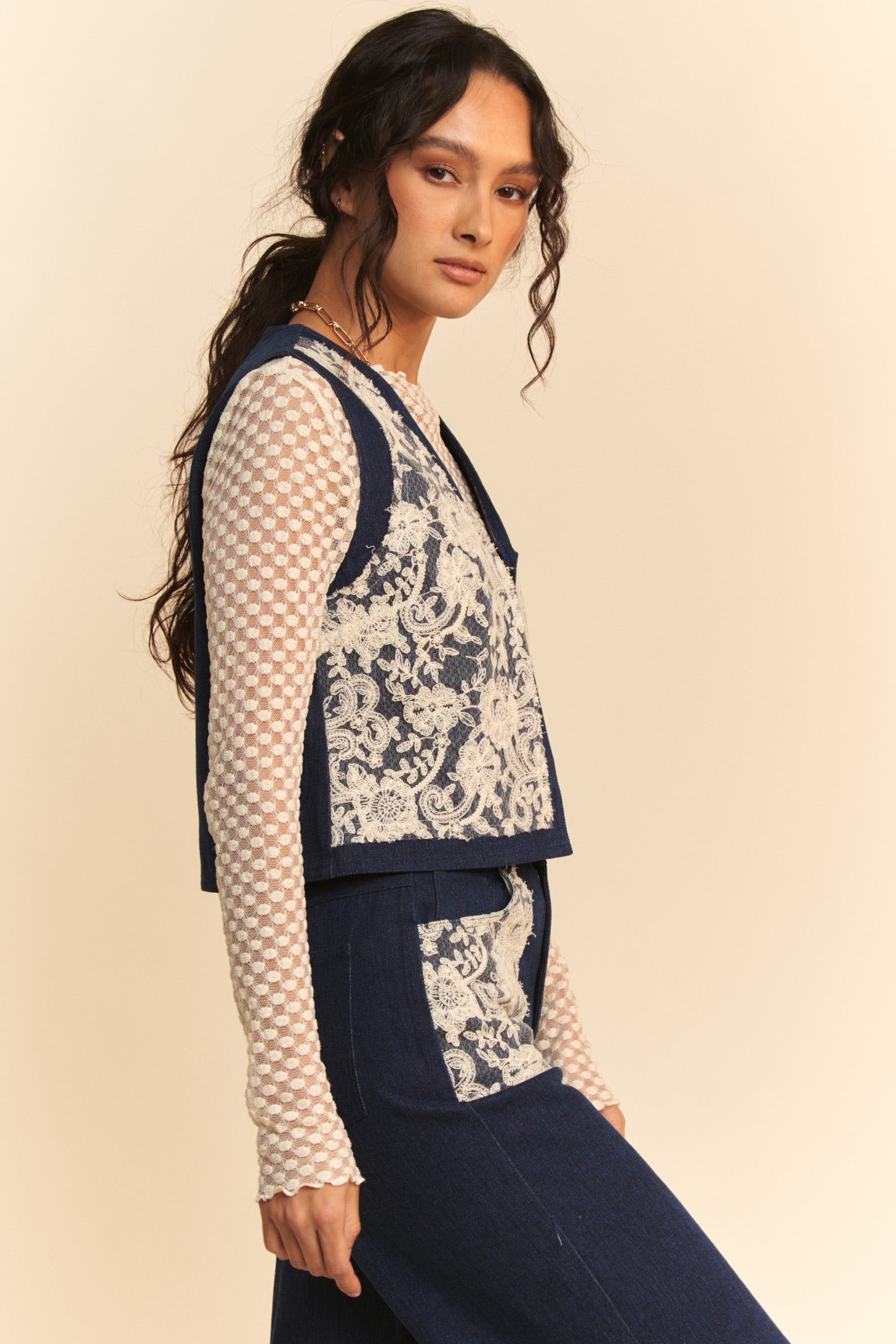 Davi &amp; Dani Lace Patch Open Front Denim Vest