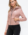 Snobbish Faux Leather Zip Up Drawstring Hooded Jacket