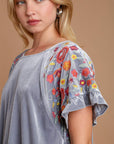 Umgee Velvet Embroidery Short Sleeve Blouse