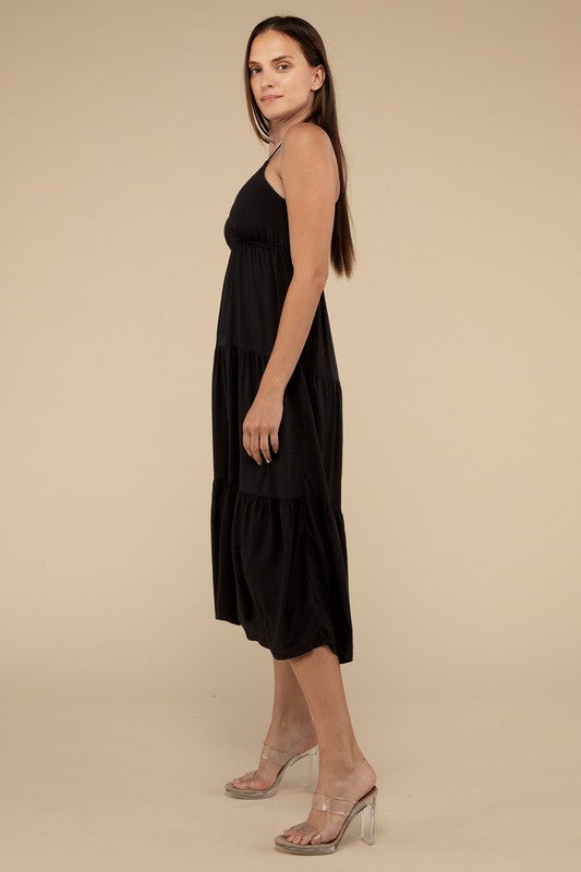 ZENANA Woven Sweetheart Neckline Tiered Cami Midi Dress