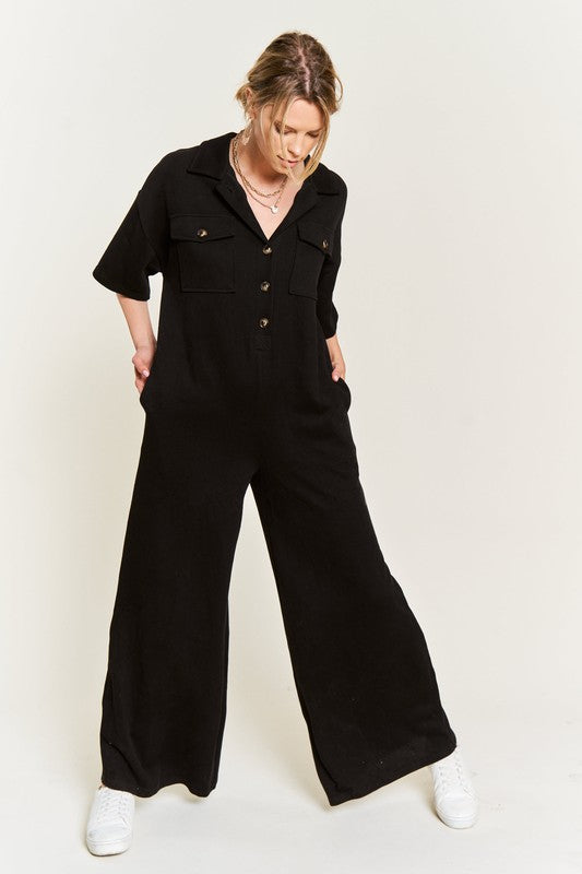 Jade By Jane Basic Collar Shirt Wide leg Jumpsuit