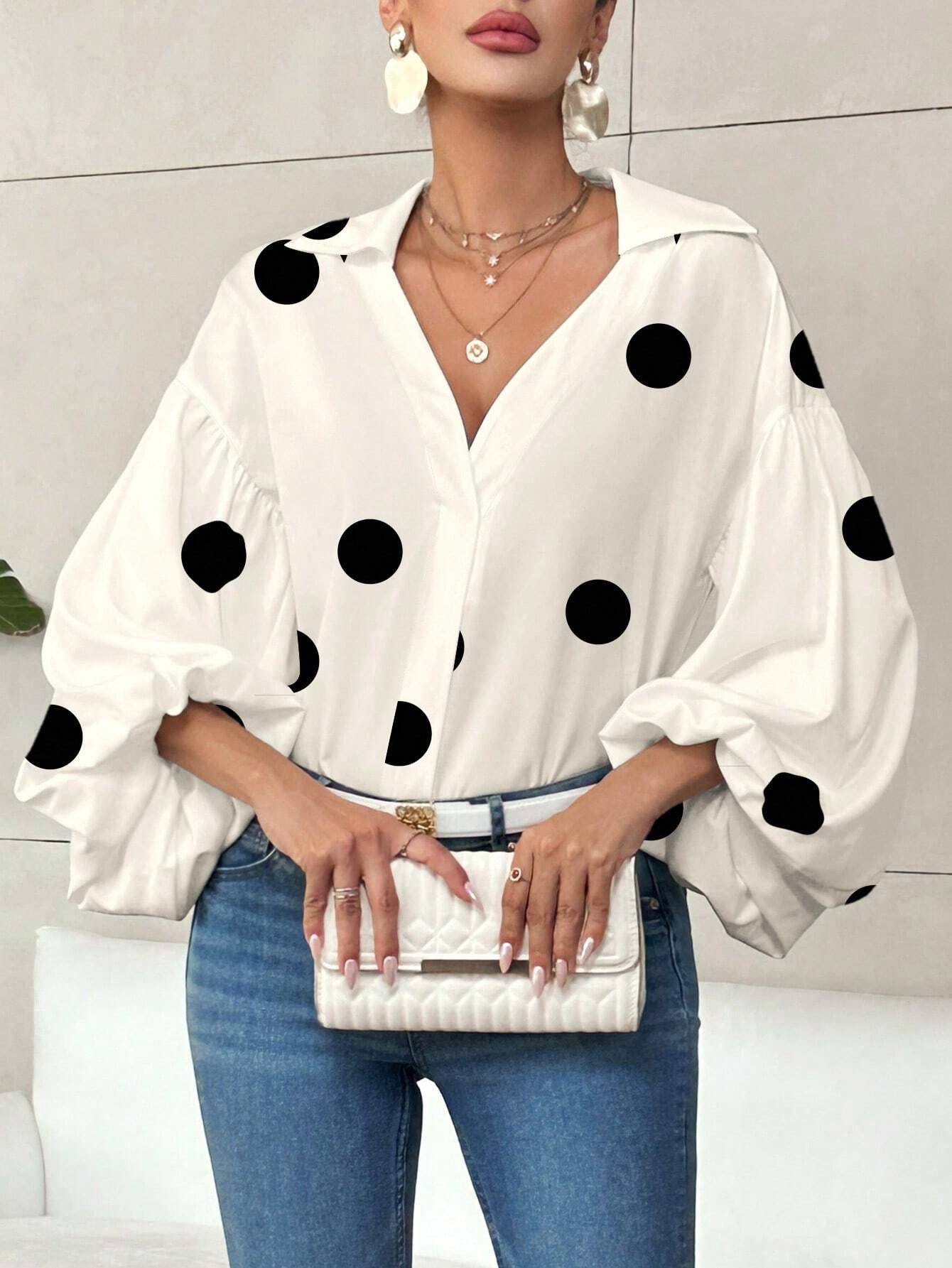 Polka Dot Bubble Sleeve Blouse