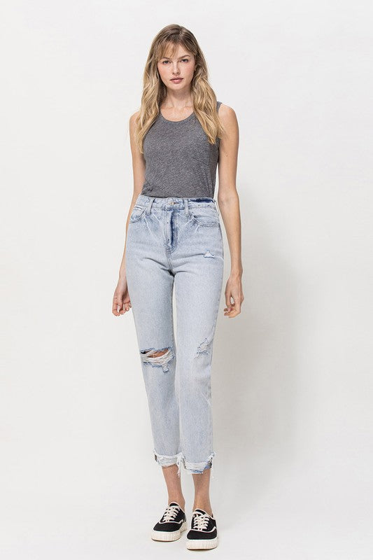 VERVET by Flying Monkey Super High Relaxed Cuffed Straight Jeans in Minor Mishap