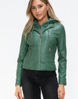 Snobbish Faux Leather Zip Up Drawstring Hooded Jacket