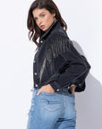 Cropped Denim Jacket with Rhinestone Fringe