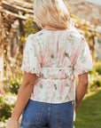 Floral Tied V-Neck Puff Sleeve Peplum Blouse