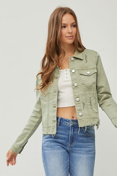 RISEN Full Size Raw Hem Button Up Cropped Denim Jacket Plus Size