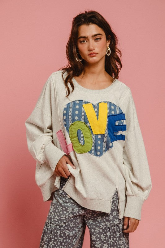 BiBi LOVE Heart Patch Slit French Terry Sweatshirt