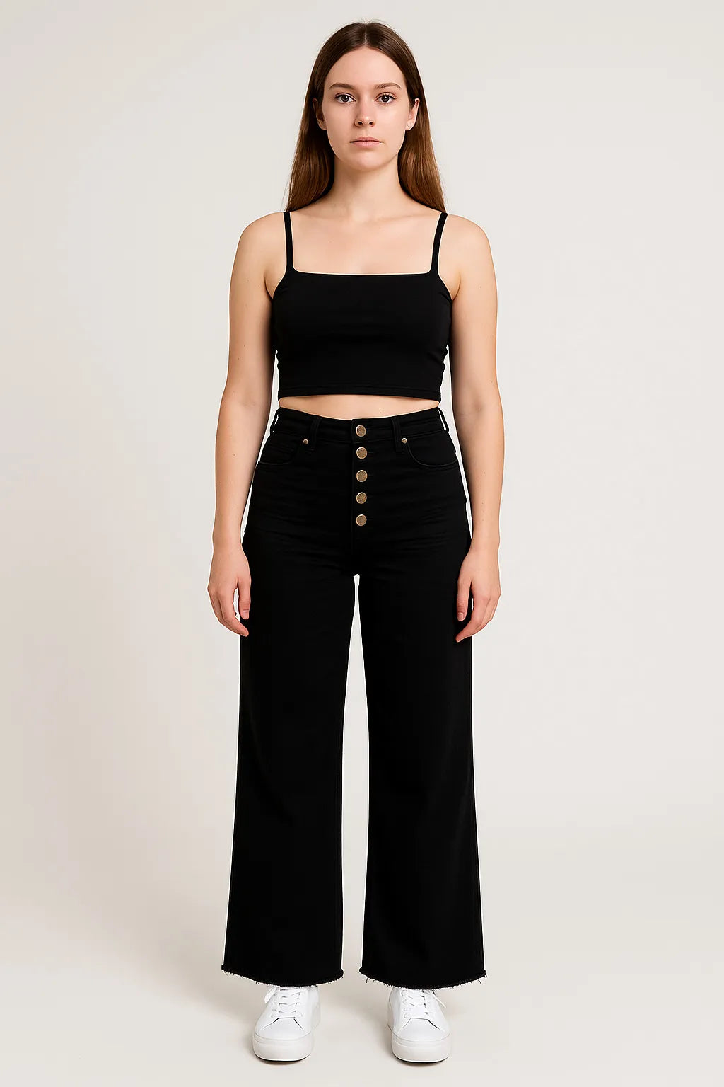 Mittoshop Twill High Waisted Button Fly Wide Leg Pants in Black