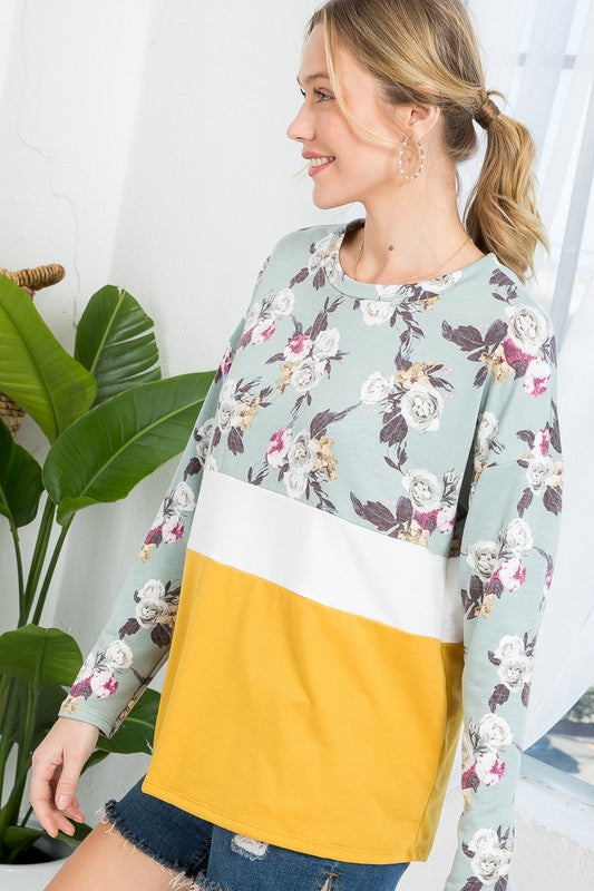 e Luna Floral Mixed Colorblock Top