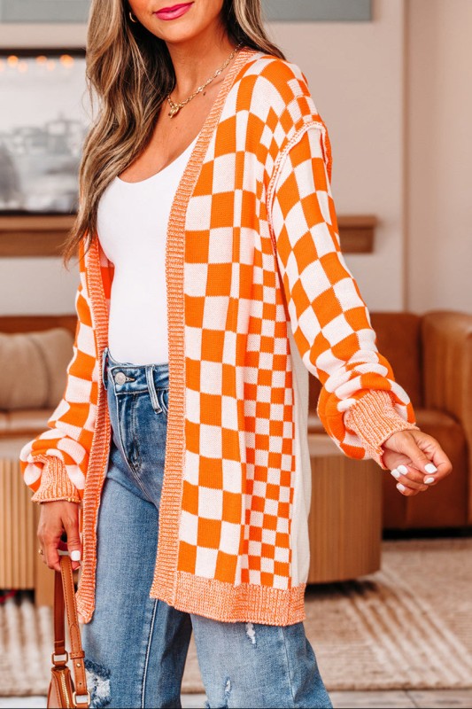 Checker Open Front Drop Shoulder Cardigan