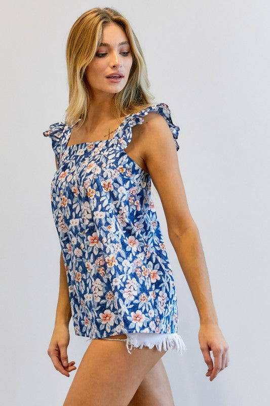 Davi &amp; Dani Floral Printed Ruffle Sleeveless Top