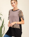 Celeste Full Size Open Tie Sleeve Leopard Color Blocked Top