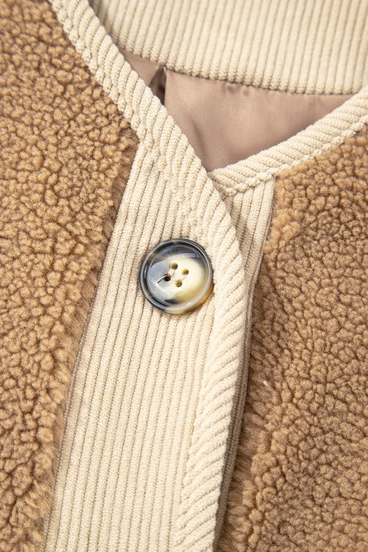 Fleece Corduroy Patchwork Button Up Jacket