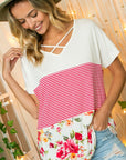 e Luna Solid Striped Floral Jersey Top