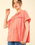 VERY J Notched Short Sleeve Washed T-Shirt