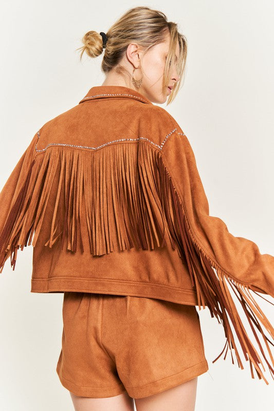 Jade By Jane Faux Suede Studded Fringe Jacket