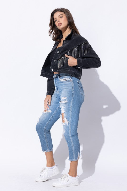 Cropped Denim Jacket with Rhinestone Fringe