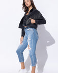 Cropped Denim Jacket with Rhinestone Fringe