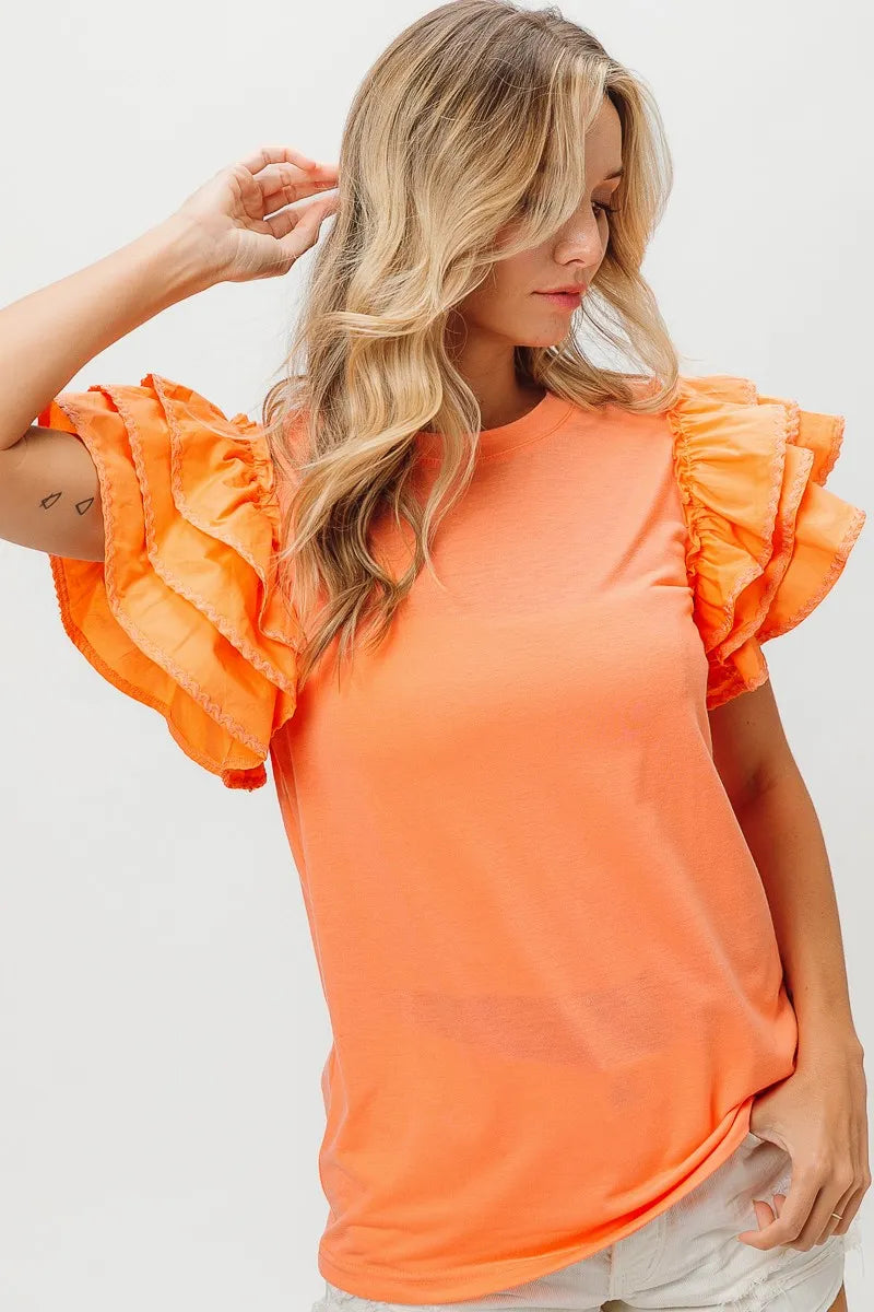 BiBi Knit Top Woven Ruffle Tiered Sleeves in Apricot