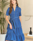 ADORA Tiered Button Down Tie Waist Short Sleeve Denim Dress