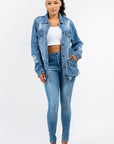 American Bazi Full Size Button Up Distressed Denim Jacket