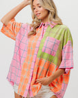 BiBi Plaid Collared Neck Half Sleeve Shirt