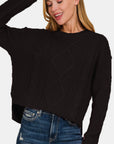 Zenana Cropped High Low Cable Sweater with Side Slits