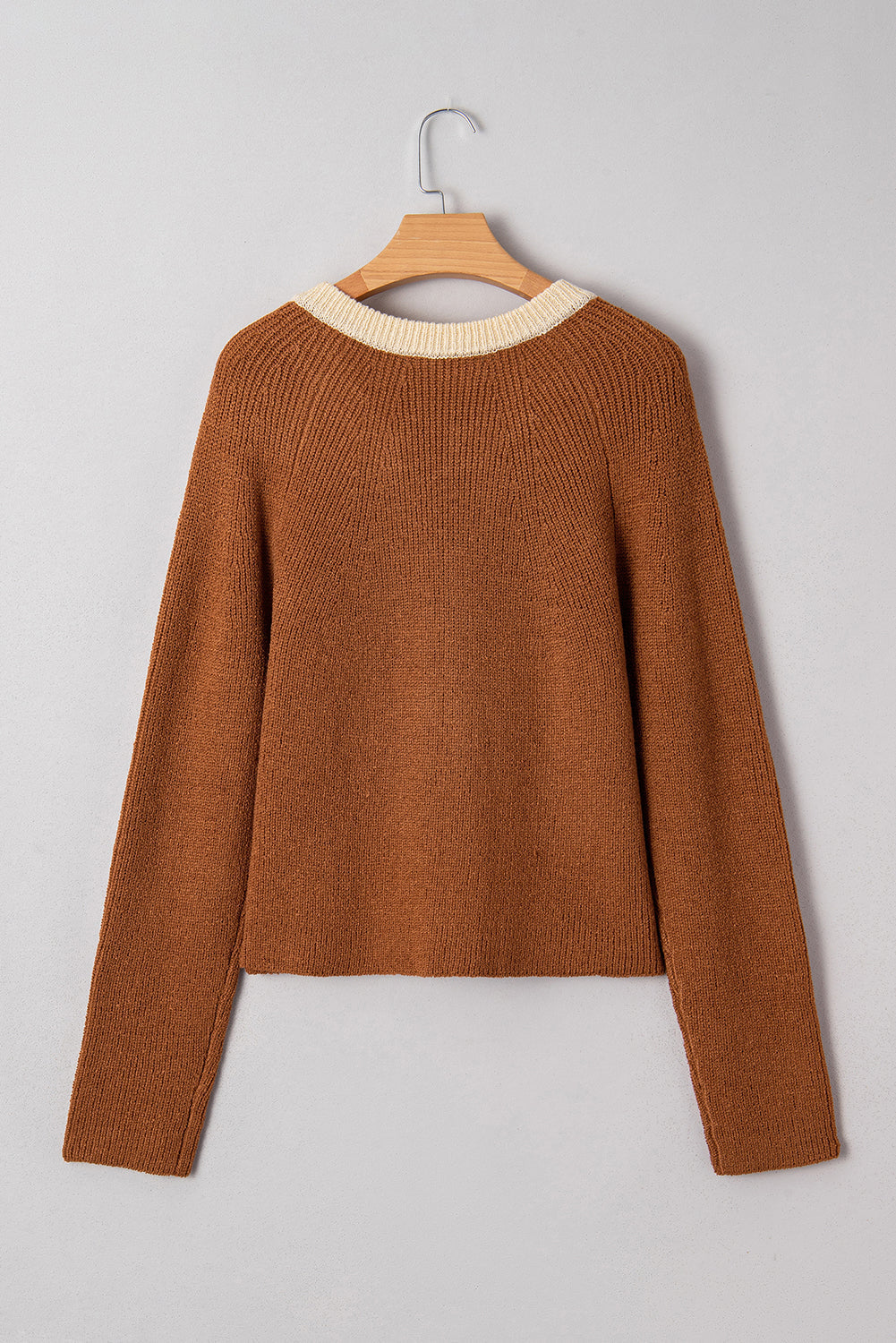 Contrast Trim Buttoned V-Neck Cropped Cardigan