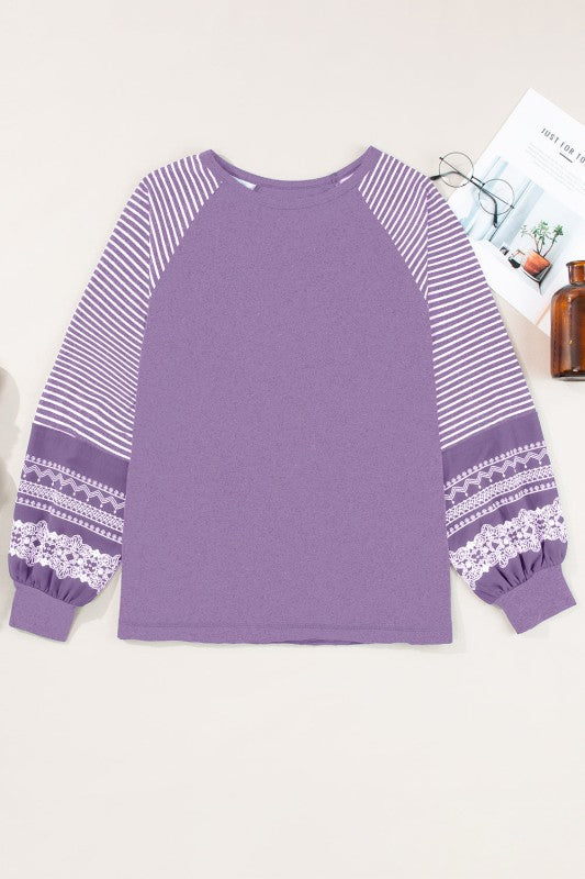 Stripe Patchwork Raglan Long Sleeve Top