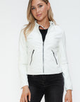 Snobbish Faux Leather Zip Up Drawstring Hooded Jacket