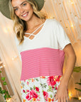 e Luna Solid Striped Floral Jersey Top