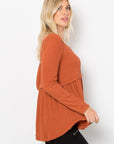 Be Stage Full Size Texture Babydoll Round Neck Long Sleeve Knit Top