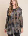 BOMBOM Plaid Round Neck Long Sleeve Top